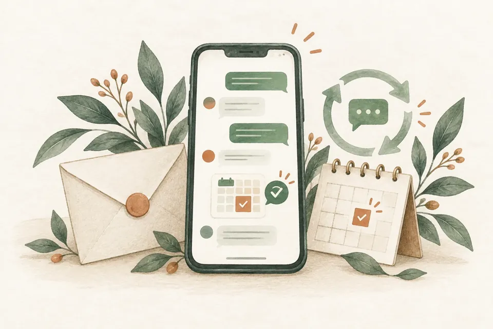 スマホのLINE画面で相談と予約がやり取りされ、カレンダーに予約が入る様子のイラスト